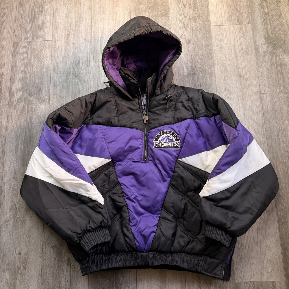 Vintage 90s Pro Player Colorado Rockies Puffer Jacket XXL Hooded MLB Colorblock